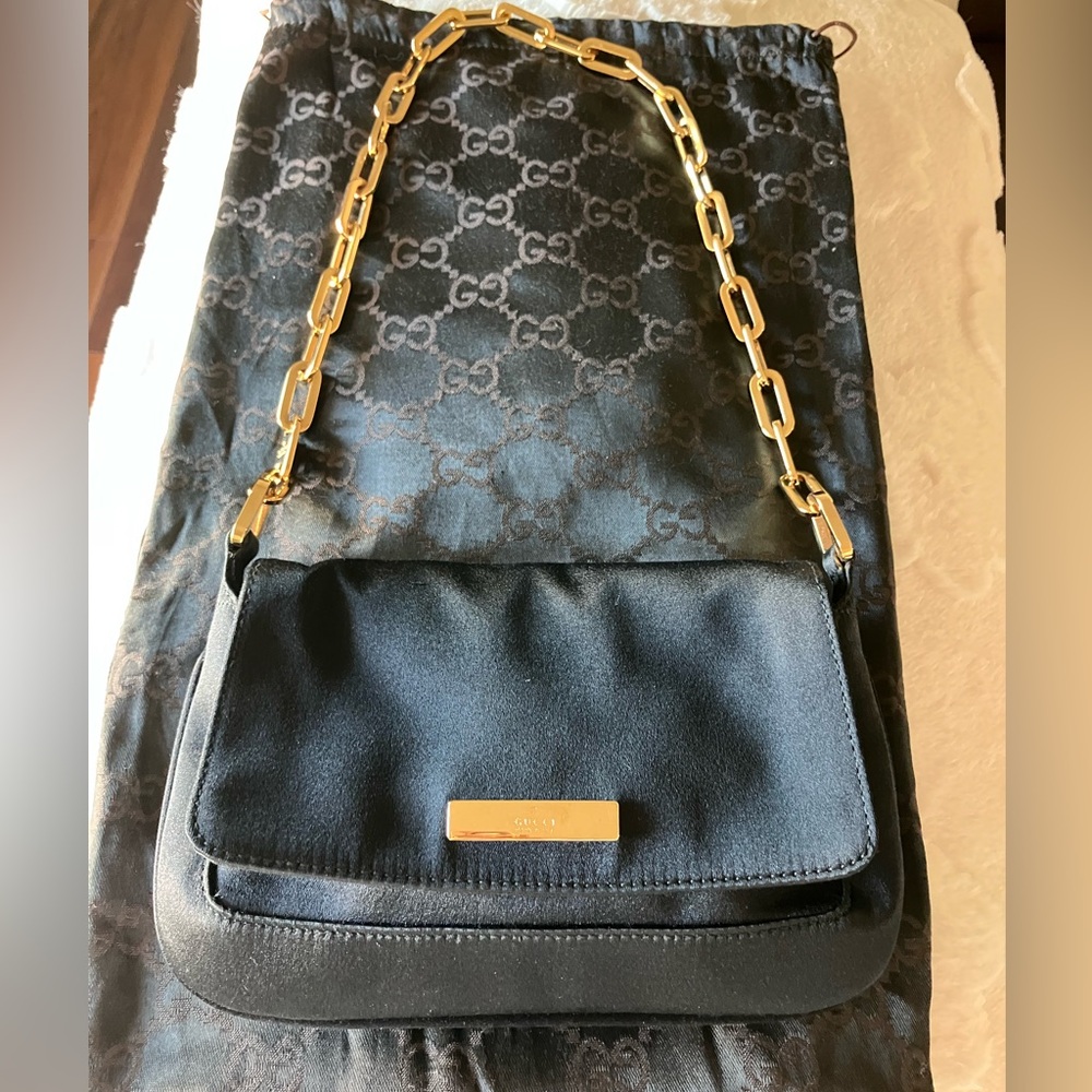 Vintage Gucci Black Satin Bag with Gold Accent - Picture 6 of 14